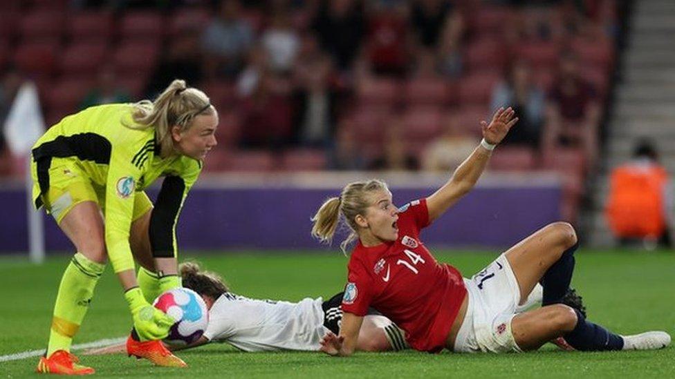 Ada Hegerberg appeals for a penalty during Norway's 4-1 win over Northern Ireland at Euro 2022