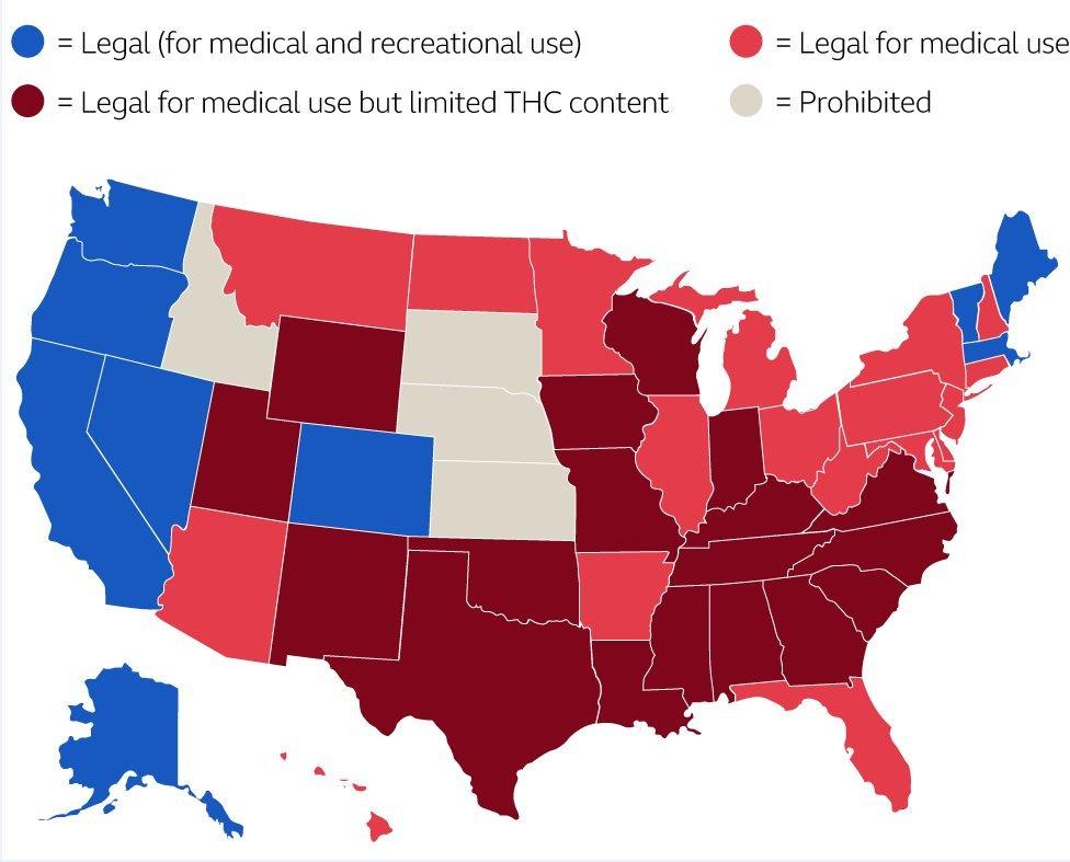 Map of the United States showing where cannabis can be used legally