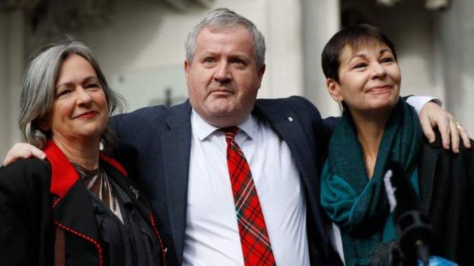 Liz Saville-Roberts o Blaid Cymru, Ian Blackford o'r SNP a Caroline Lucas o'r Blaid Werdd y tu allan i'r Goruchaf Lys