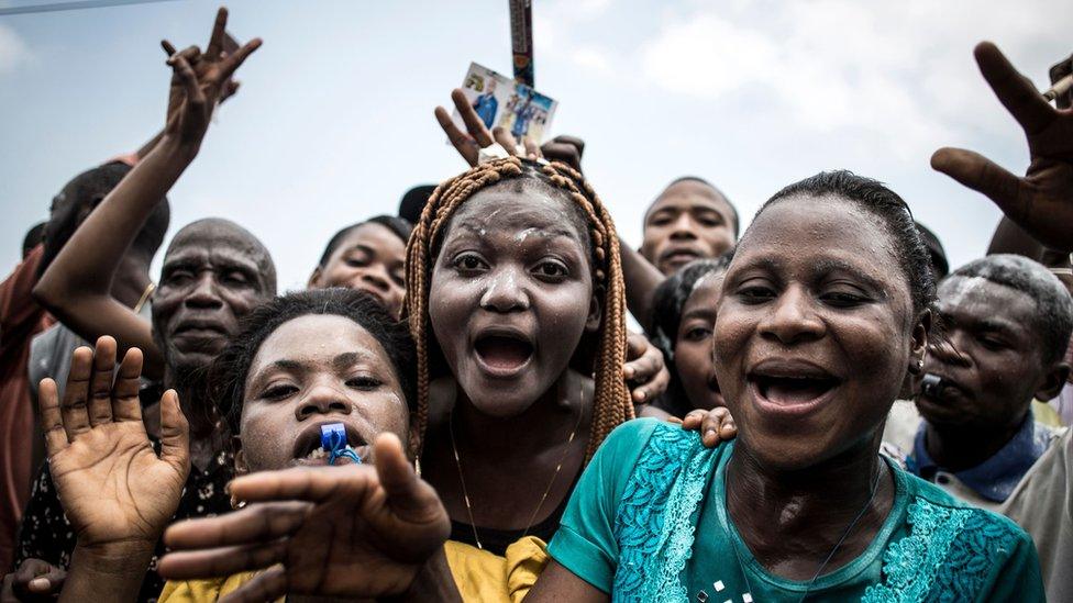 Supporters of Felix Tshisekedi, who was named provisional winner of Democratic Republic of Congo"s presidential election, celebrate outside the Union for Democracy and Social Progress (UDPS) headquarters in Kinshasa on January 10, 2019