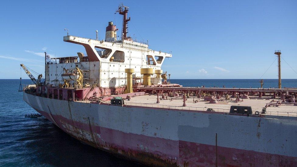 FSO Safer, a decaying supertanker moored off Yemen's Red Sea coast, seen from salvage support vessel Ndeavor (30 May 2023)