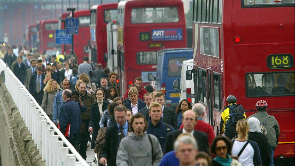 Commuters crossing Waterloo Bridge