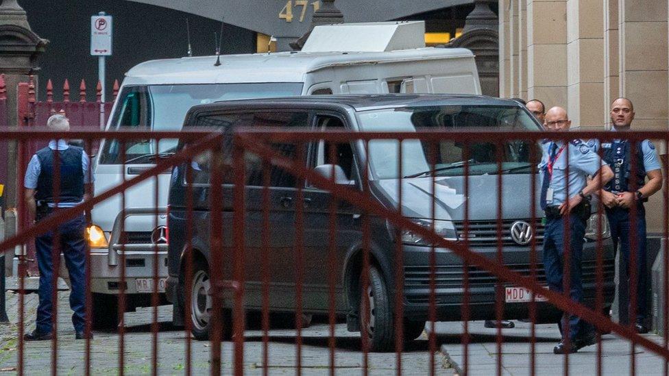 Prison van transporting George Pell outside the Melbourne court where his appeal is being heard