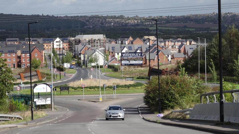 Orgreave today - a housing estate newly built with a signpost reading "Welcome to Waverley"