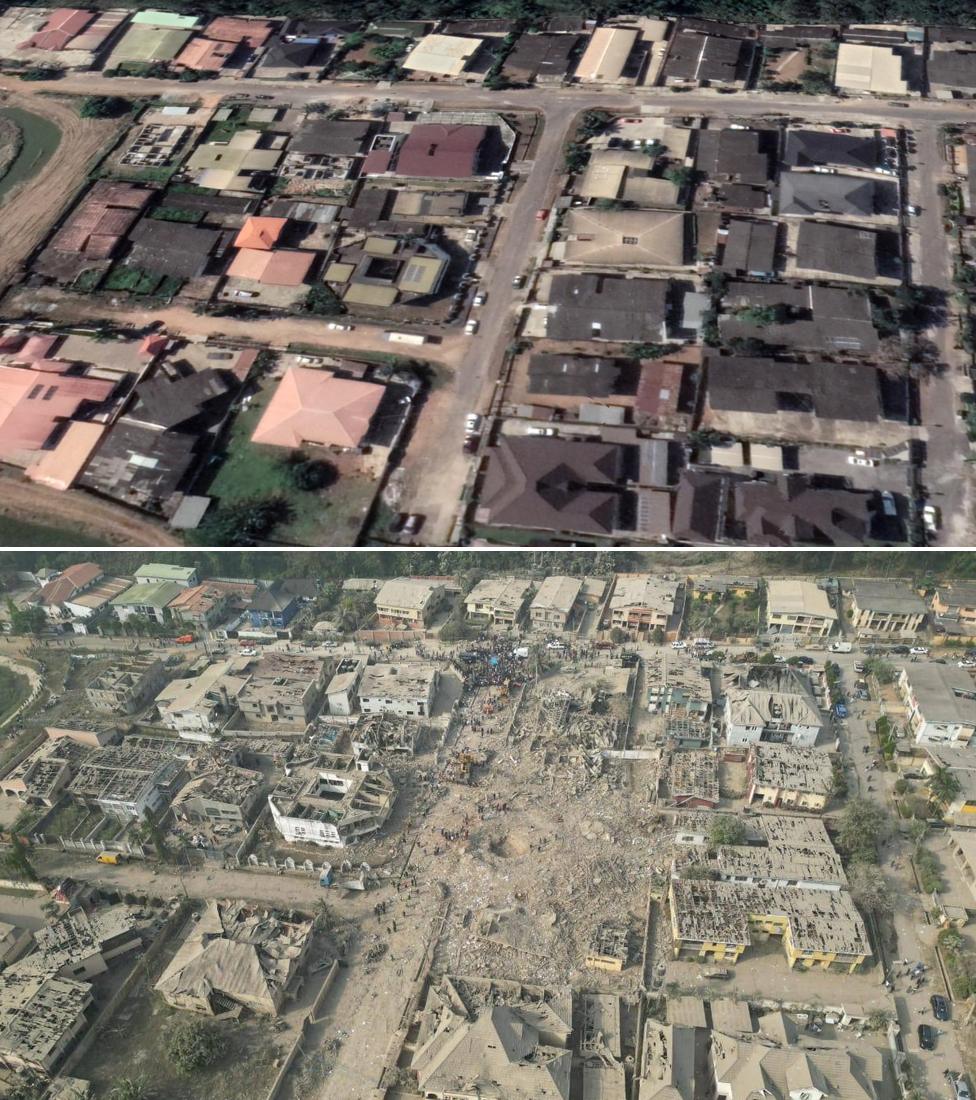 Before and after images of the blast site in Ibadan, Nigeria. Top image from Google Earth. Bottom image a drone photo from theaaajay