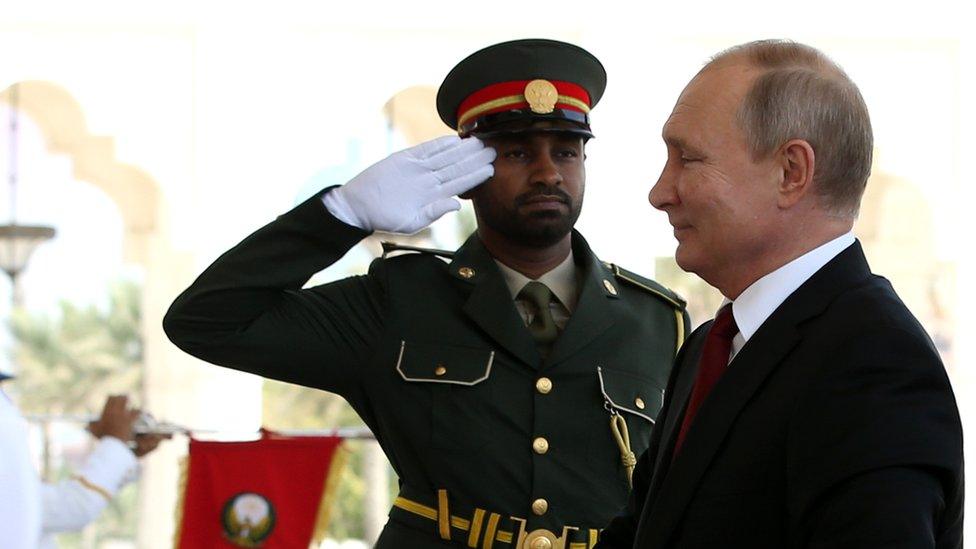 Russian President Vladimir Putin arrives at the Gasr Al Watan Palace on October 15, 2019 in Abu Dhabi, United Arab Emirates