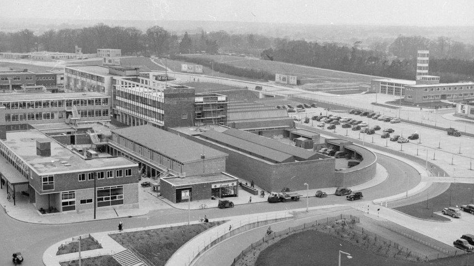 The main shopping centre in the new town of Harlow, Essex in May 1958