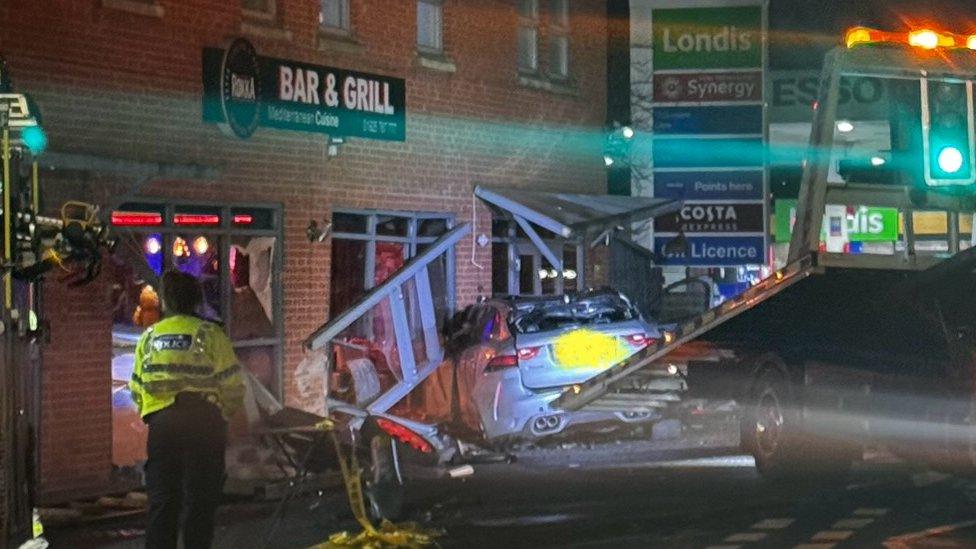 Emergency services on scene after a vehicle crashed into the Rokka Bar and Grill in Culcheth