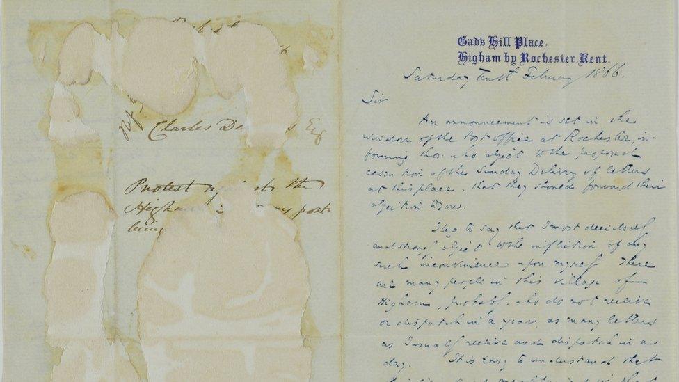 A letter written by Charles Dickens to I. H. Newman from Gad’s Hill Place on February 10 1866, in which Dickens rails with passion against a proposed change to the Sunday postal service