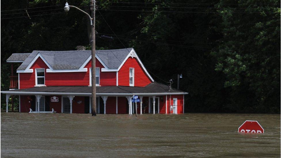 Flooding from the Mississippi River inundates a neighbourhood on June 7, 2019 in Grafton, Illinois.