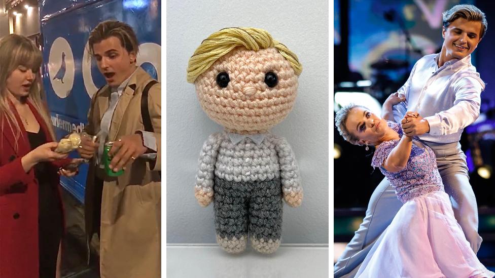 Ellen Siegert give dancer Nikita Kuzmin his crochet doll