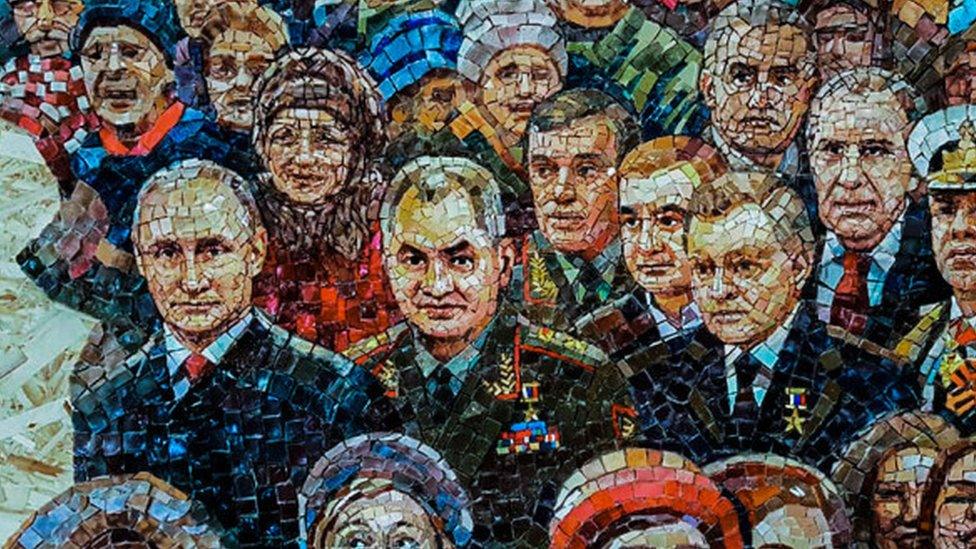 An early edition of a mosaic including Vladimir Putin, Sergei Shoigu and Joseph Stalin that was due to be installed in a cathedral dedicated to the armed forces outside Moscow.