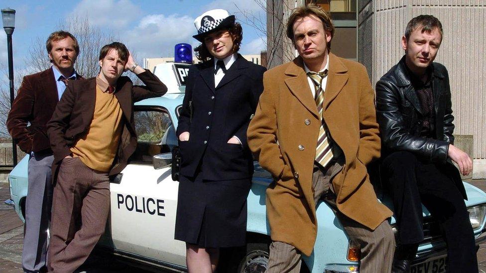 The Life on Mars cast (L-R) Dean Andrews (DC Ray Carling) Marshall Lancaster (DC Chris Skelton) Liz White (WPC Annie Cartwright) Philip Glenister (DCI Gene Hunt) & John Simm (DC Sam Tyler)