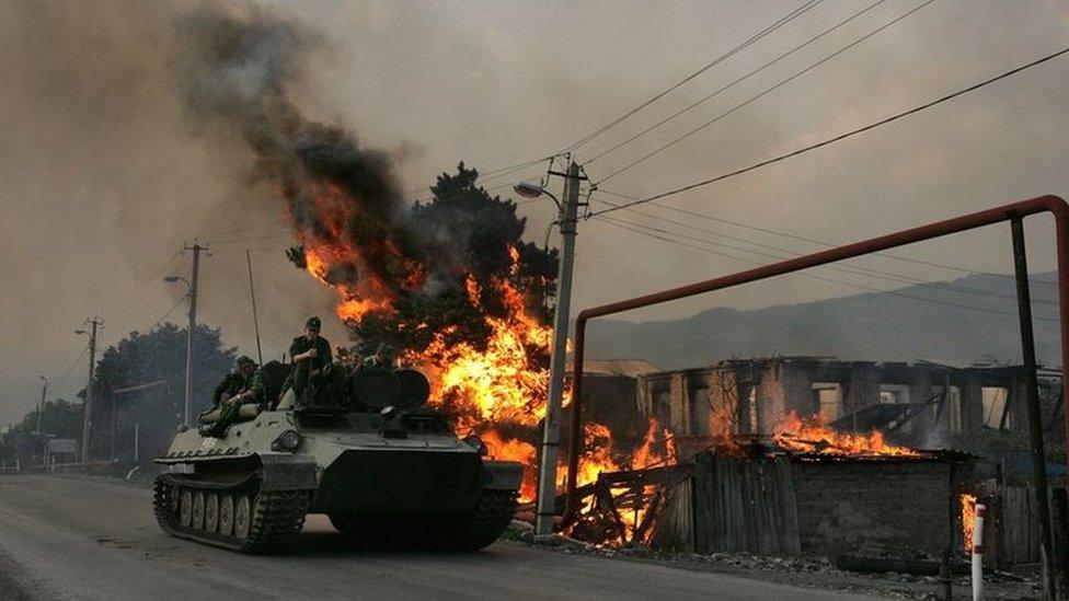 Russian troops on an armoured personnel carrier during the 2008 war with Georgia