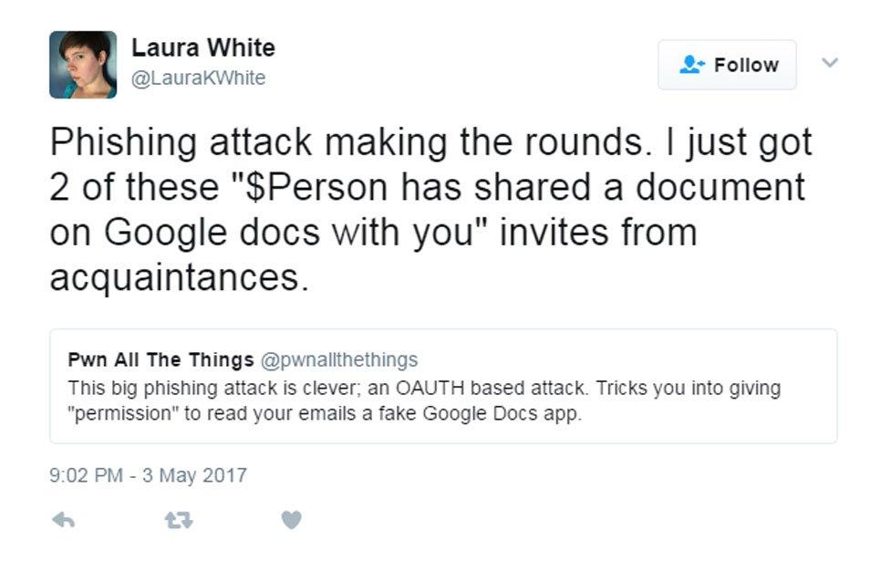 Image of tweet from a Google Docs phishing recipient