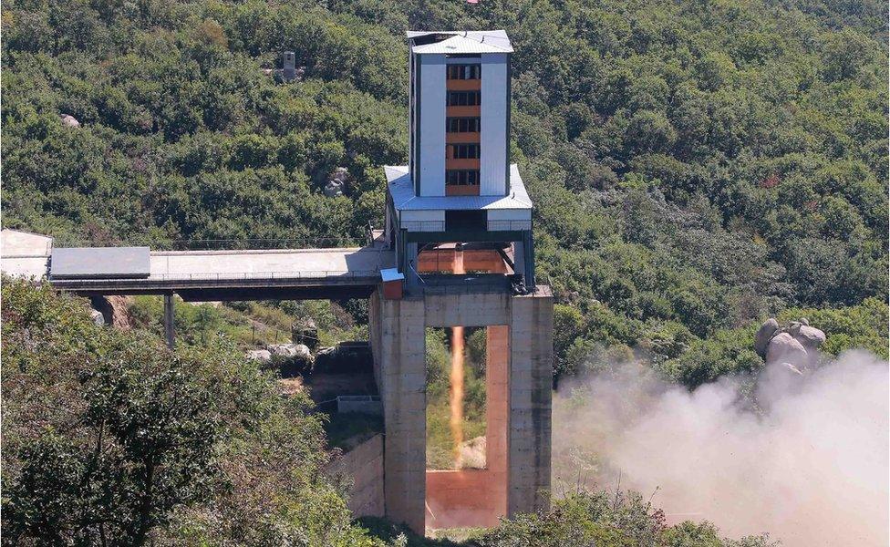 This undated picture released on 20 September 2016 shows the ground jet test of a new type high-power engine of a rocket.