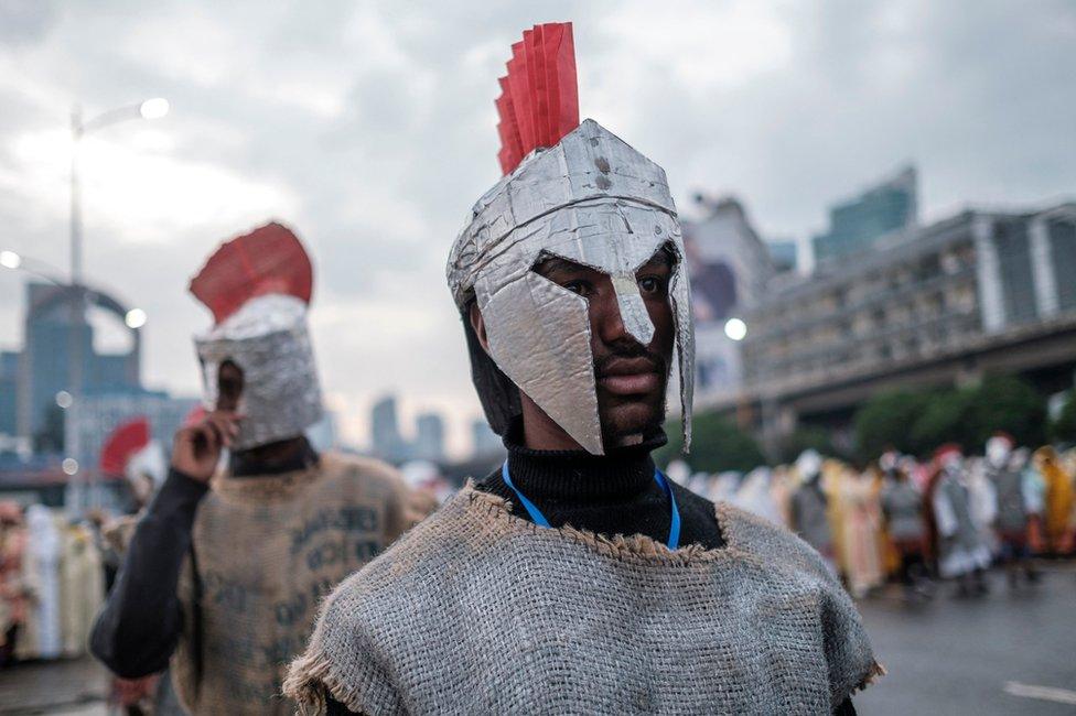 Man dressed in Roman outfit