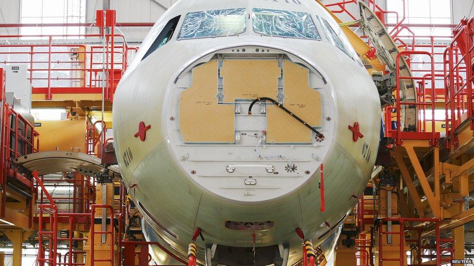 A plane being built at the Airbus factory in Tianjin