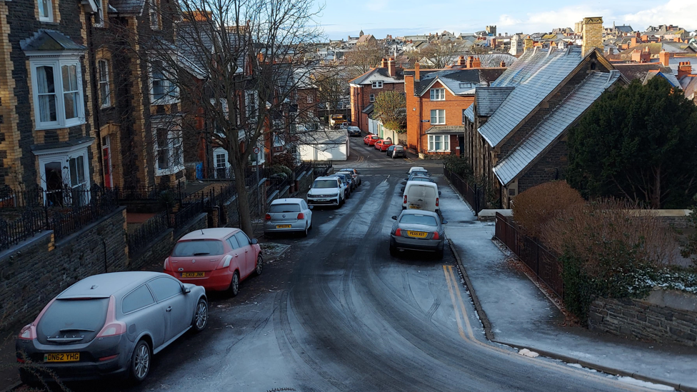 Icy road conditions in Aberystwyth, Ceredigion