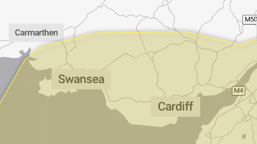 Map rhybudd tywydd dydd Iau 15 Chwefror