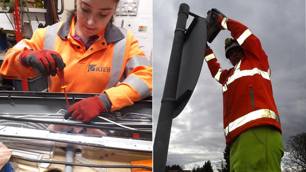 Two photos of Lyn Owers fixing street lights