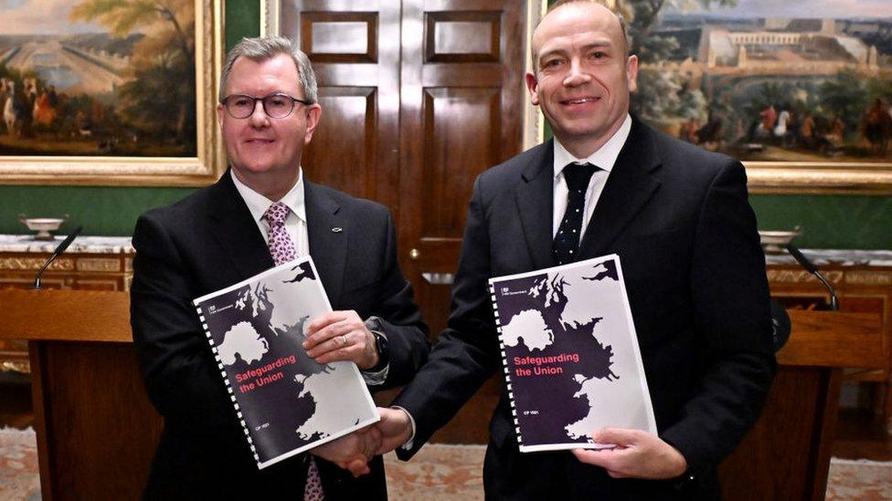 Sir Jeffrey Donaldson and Chris Heaton-Harris after agreeing the Safeguarding the Union deal