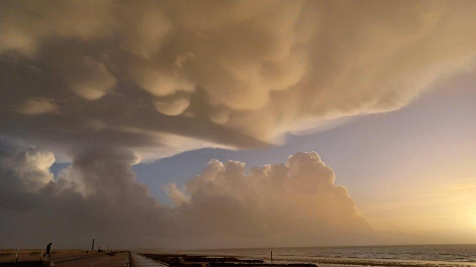 View out to sea, with a large cumulus cloud in the distance, but light mammatus pouches on the cloud overhead