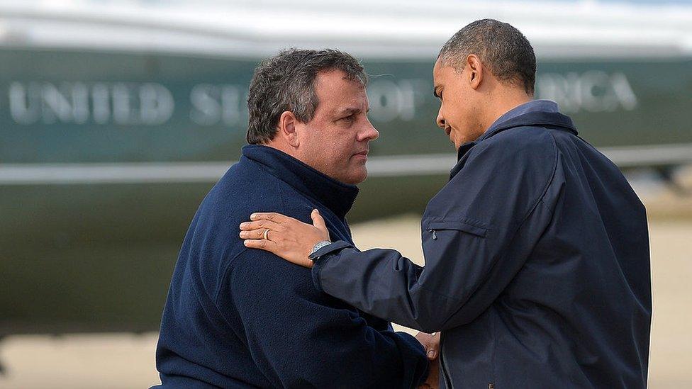 Governor Chris Christie shakes hands with President Barack Obama in October 2012