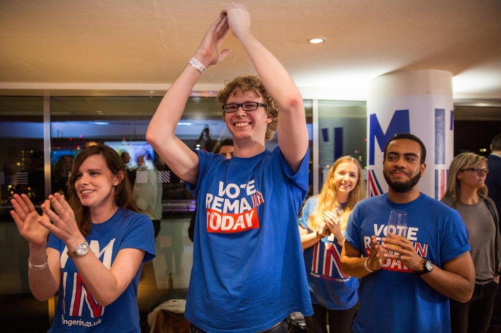 Supporters of the Stronger In Campaign cheer a