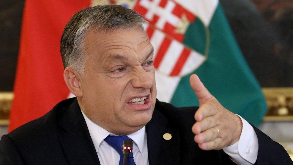 Hungarian Prime Minister Viktor Orban speaks to press after a meeting of Austrian Chancellor Christian Kern and his German and West Balkans counterparts on strategies to deal with Europe"s migrant crisis in Vienna, Austria, Saturday, Sept. 24, 2016.