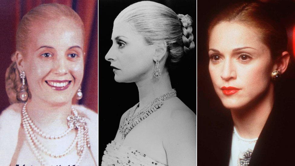 Eva Peron, Patti LuPone as Evita and Madonna in the Evita film