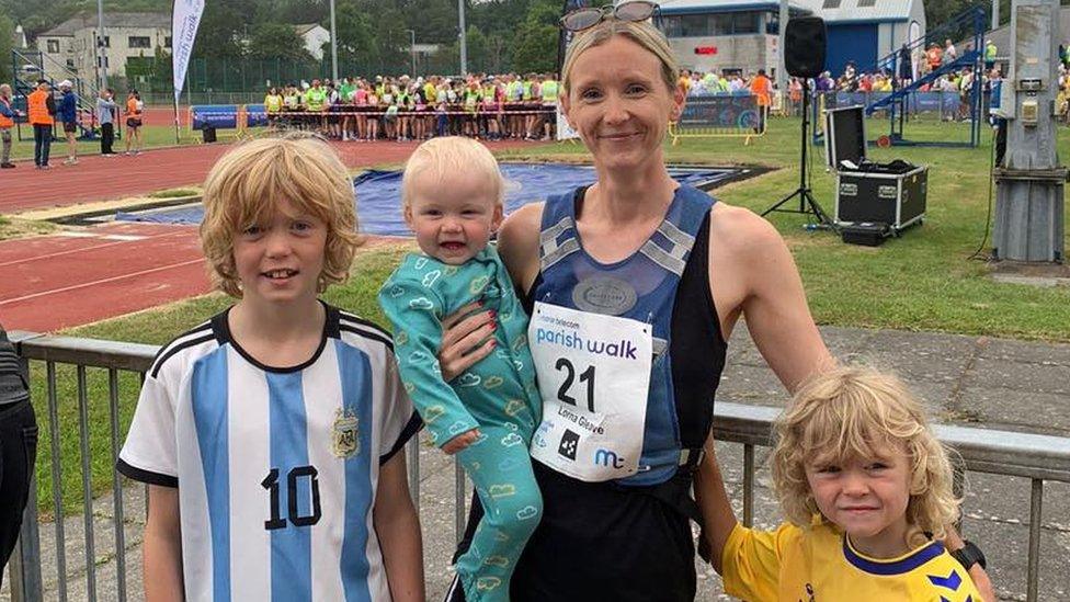 Lorna Gleave with her three children at the Parish Walk start line