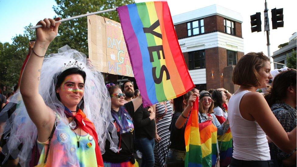 Crowds supporting the Same Sex Marriage Survey party down Oxford St in the heart of Sydney's gay precinct on November 15, 2017 in Sydney, Australia.