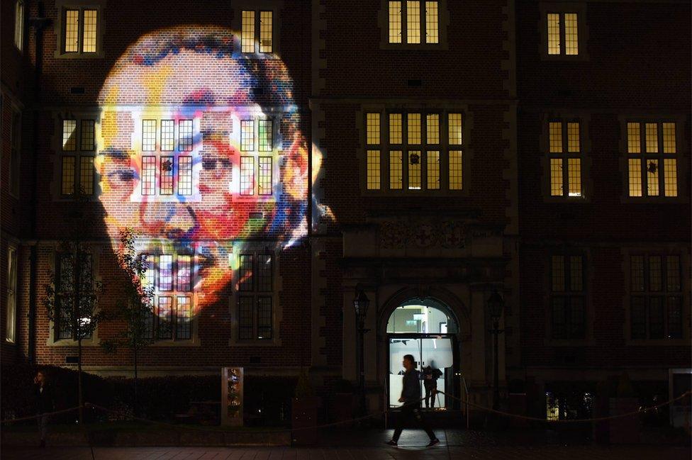 An image of Martin Luther King Jr – by artist Derek Russell - projected on to a Newcastle University building to mark the launch of Freedom City 2017