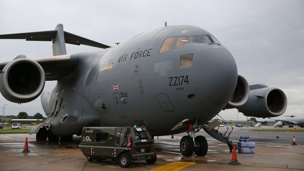 RAF C-17 Globemaster III being loaded at Brize Norton