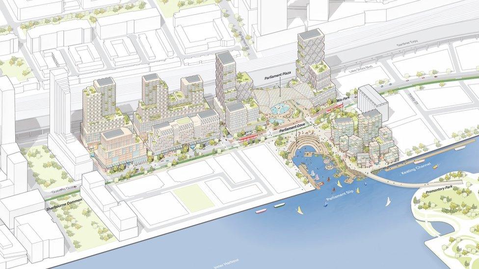 Drawing of plans showing high rises and Toronto waterfront