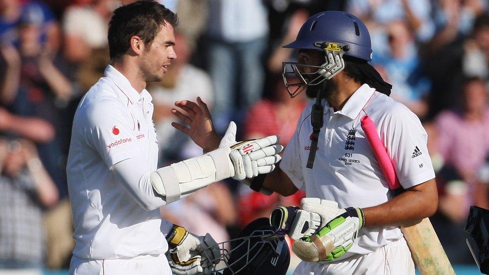 James Anderson and Monty Panesar celebrate a draw in the Ashes Test at Cardiff in 2009