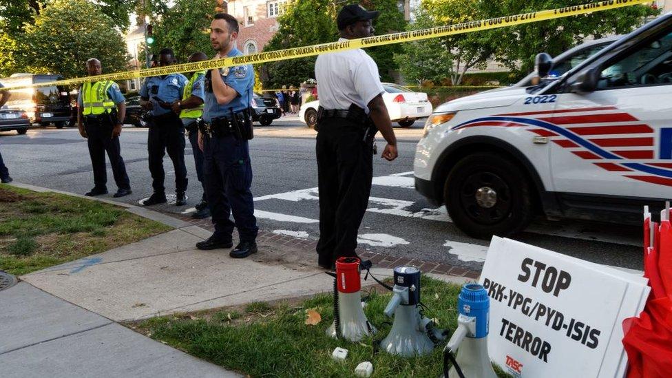 Police secure the street outside the Turkish embassy during a visit by Turkish President Recep Tayyip Erdogan.