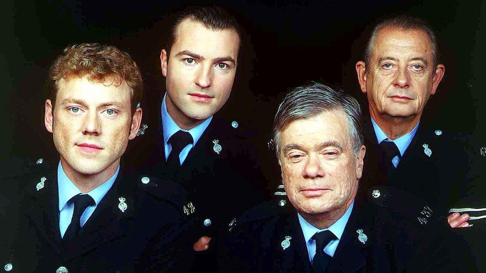 (Left to right): PC Bellamy (Mark Jordan), PC Nick Rowan (Nick Berry), PC Ventress (William Simons), Sgt Blaketon (Derek Fowlds)