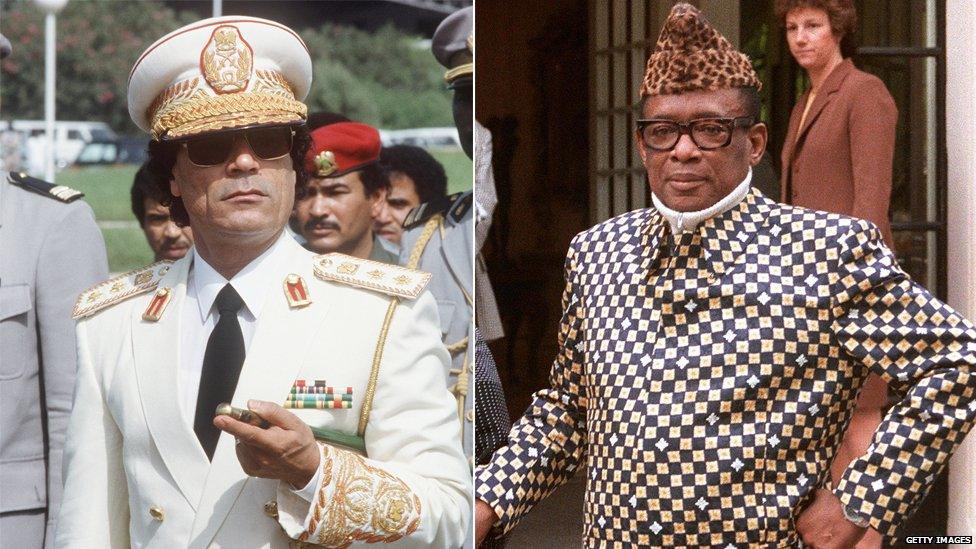 Col Gaddafi, left, Mobutu Sese Seko