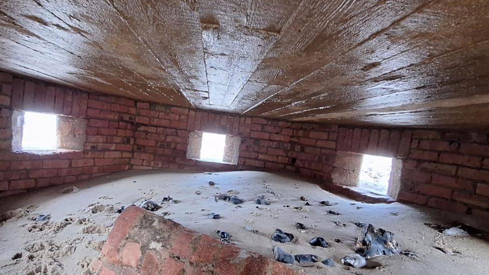 Interior of World War Two pillbox, East Runton beach, Norfolk