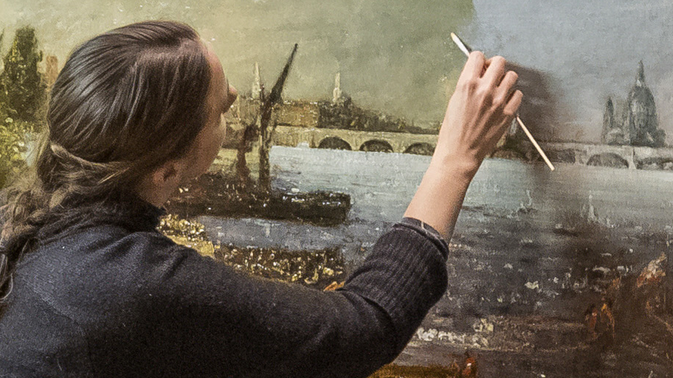 A woman removing varnish from The Embarkation of George IV from Whitehall: the Opening of Waterloo Bridge, 1817, by John Constable