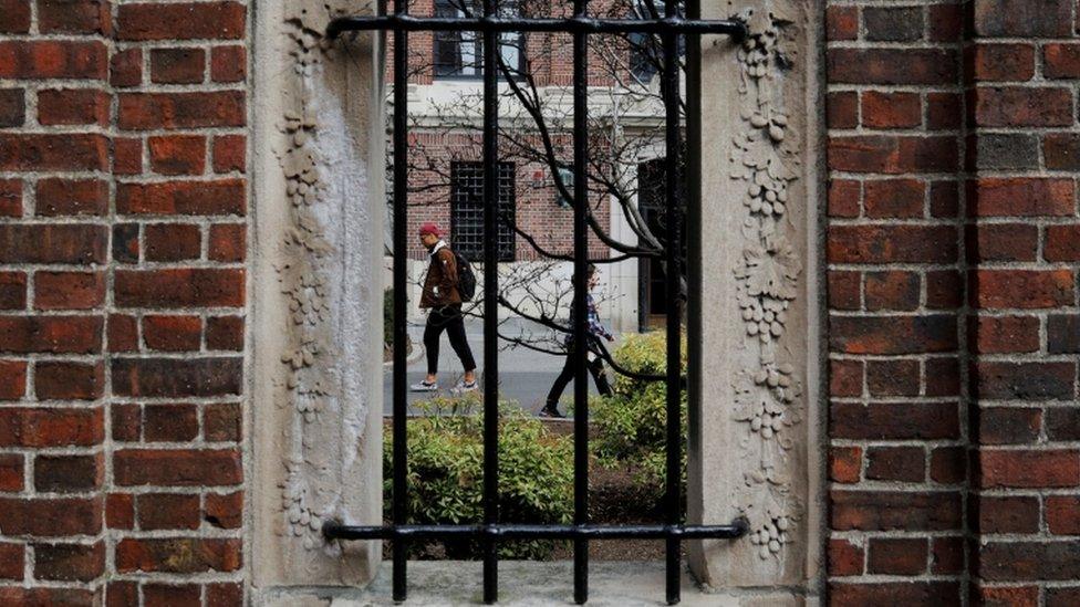 Students and pedestrians walk through the Yard at Harvard University