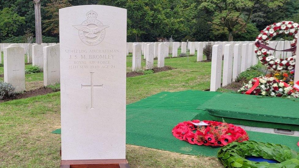 The headstone of Leading Aircraftman John Stuart Mee Bromley at Jonkerbos War Cemetery in the Netherlands