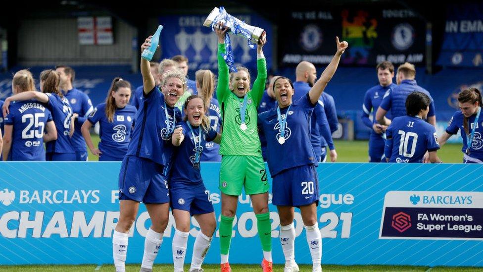 Chelsea celebrate with WSL trophy