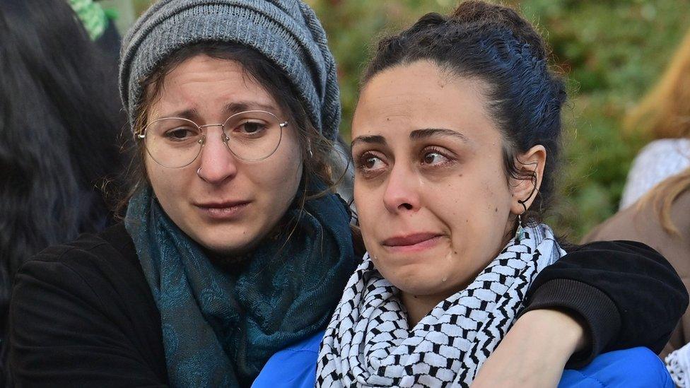 Women at the pro-Palestine rally at US consulate Belfast