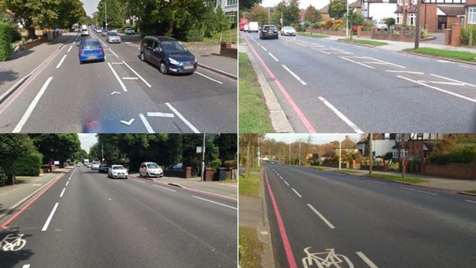 Before and after photographs of the roads with and without white central lines