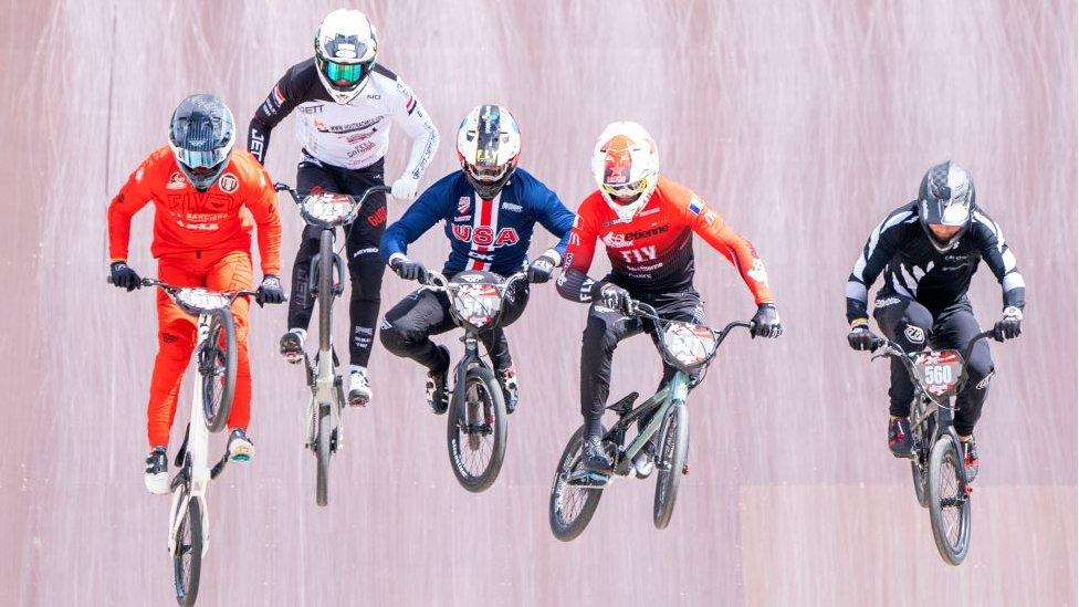 Riders in Round 1 of the Men's U23 during day one of the UCI BMX Racing World Cup event in GLASGOW.