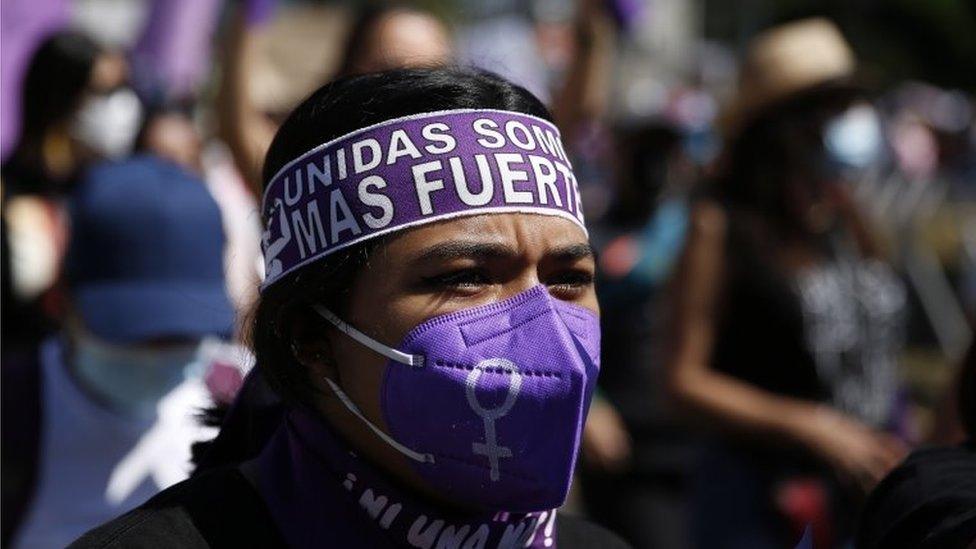 Activists participate in a march related to the International Women"s Day in San Salvador, El Salvador, 06 March 2022.