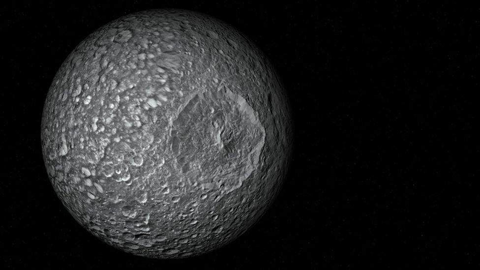 Digitally generated photograph of Mimas, one of the moon of Saturn.